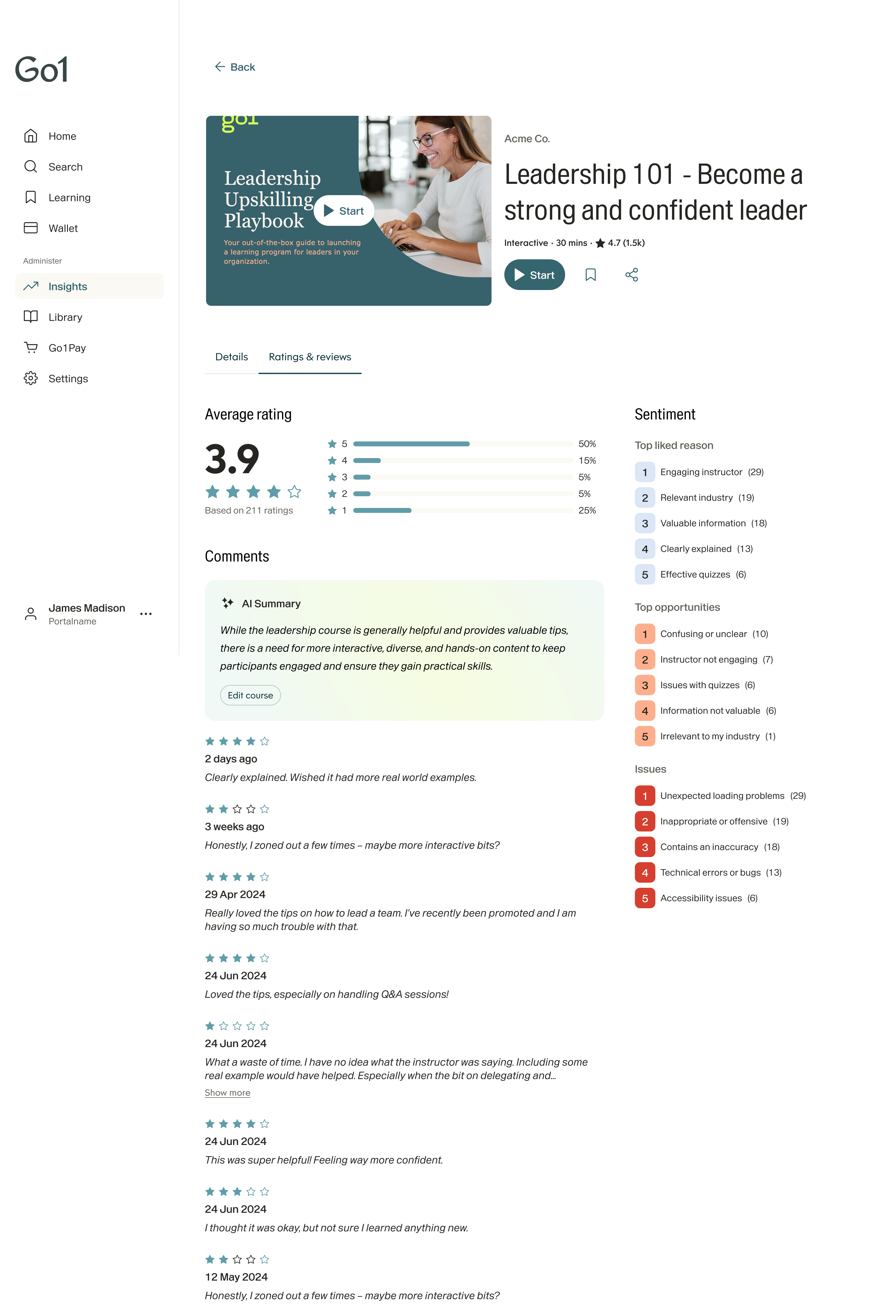 Content insights — course detail with ratings, reviews, and AI summary