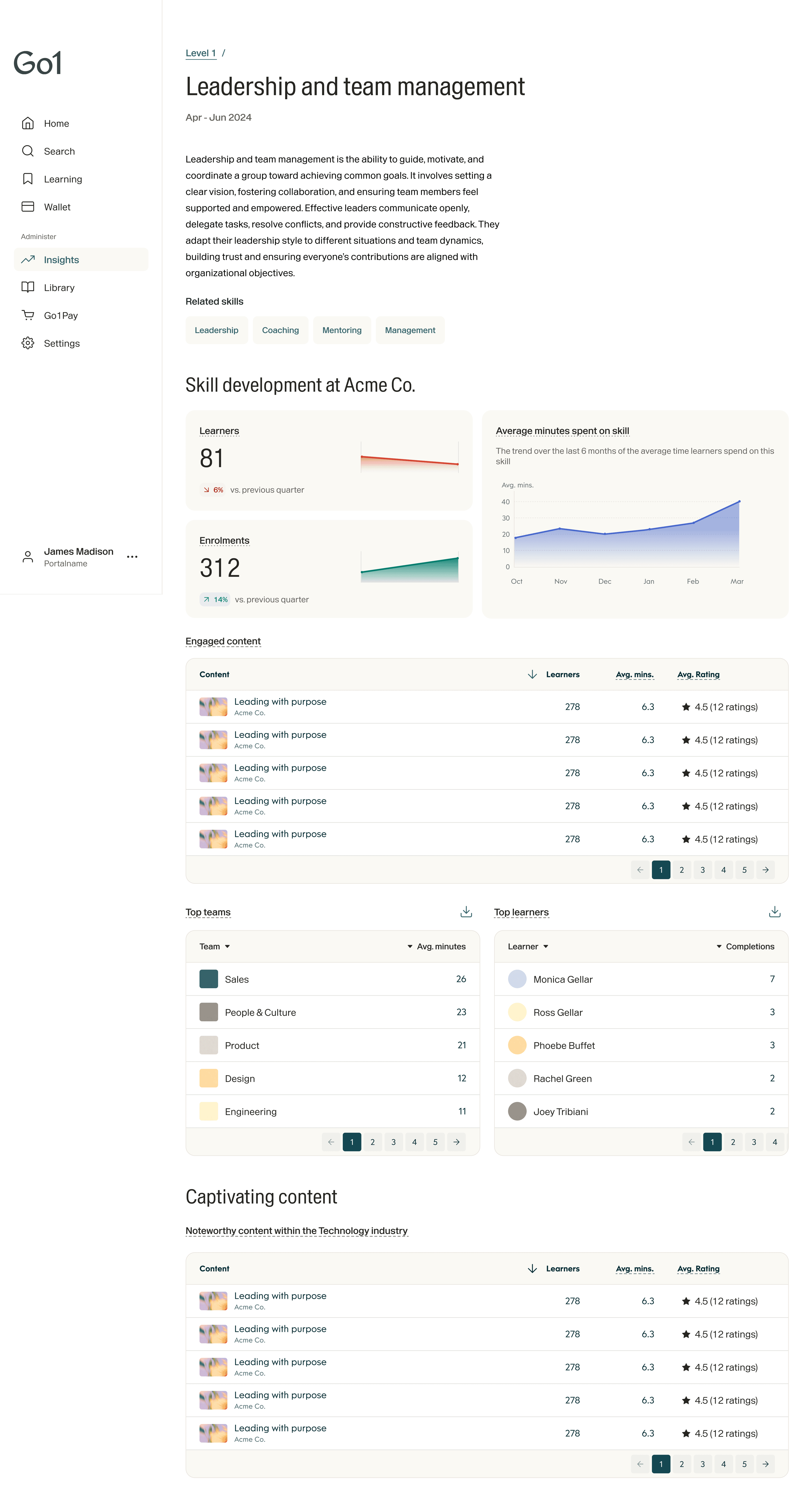 Skills Insights — skill detail view with learner and content data