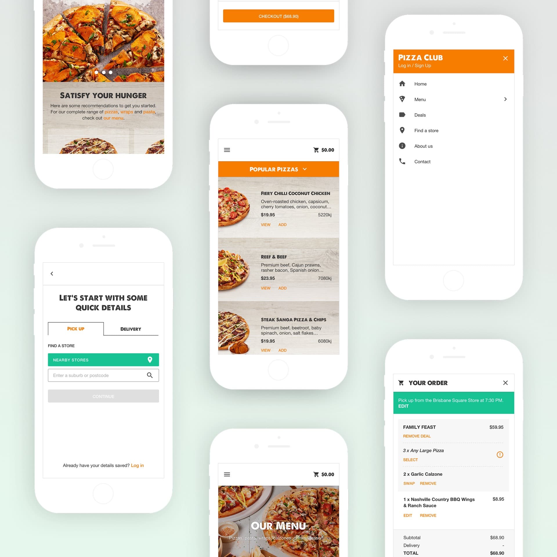 Pizza Club online ordering experience across mobile screens