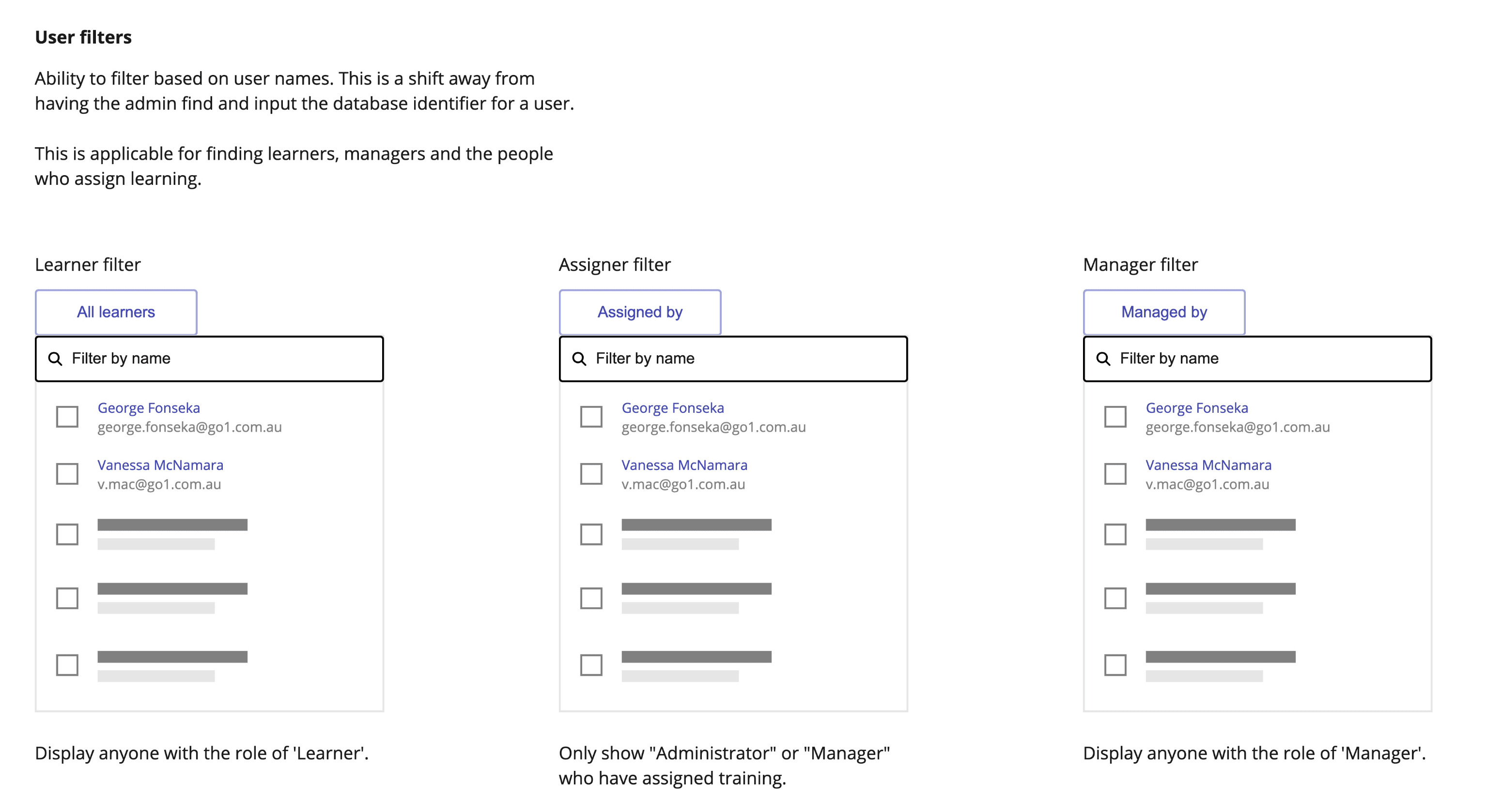 User filter designs